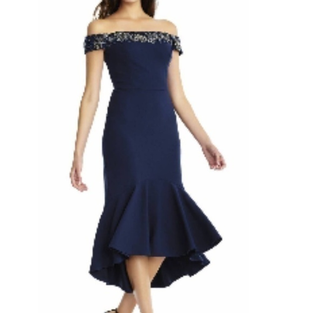Aidan Mattox Navy Beaded Off-The-Shoulder Hi-Low mermaid Party Midi Dress